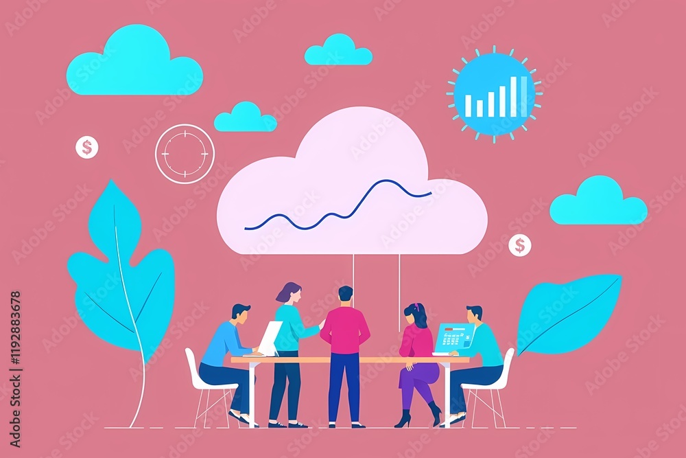 Cloud Computing Collaboration: A team of diverse professionals collaborates around a table, with a cloud symbolizing their shared workspace and data. The cloud is adorned with graphs and icons. Cloud Computing Collaboration: A team of diverse professionals collaborates around a table, with a cloud symbolizing their shared workspace and data. The cloud is adorned with graphs and icons.
