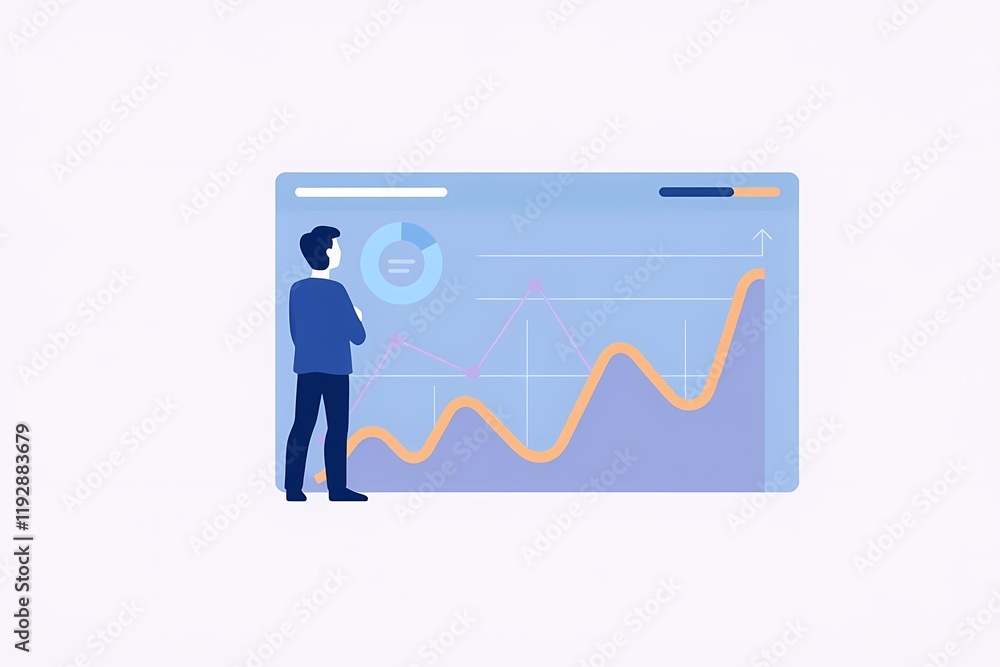 Businessman Analyzing Data: A man in a suit stands in front of a large screen displaying an upward trending graph, symbolizing growth and success. Businessman Analyzing Data: A man in a suit stands in front of a large screen displaying an upward trending graph, symbolizing growth and success.