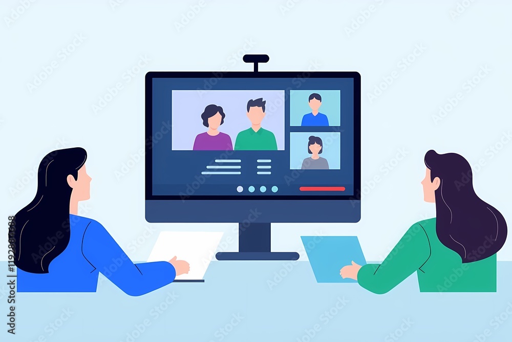 Virtual Team Meeting: Two colleagues participate in a video conference, collaborating remotely via a large desktop monitor displaying multiple participants. The scene is clean and professional. Virtual Team Meeting: Two colleagues participate in a video conference, collaborating remotely via a large desktop monitor displaying multiple participants. The scene is clean and professional.