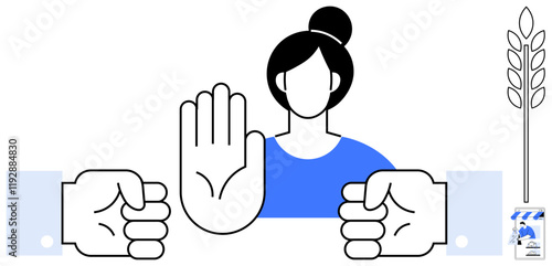 Woman with raised hand stopping two fists from clashing, emphasizing conflict resolution, peacekeeping, negation, teamwork, communication, non-violence, and cooperation. Ideal for campaigns promoting