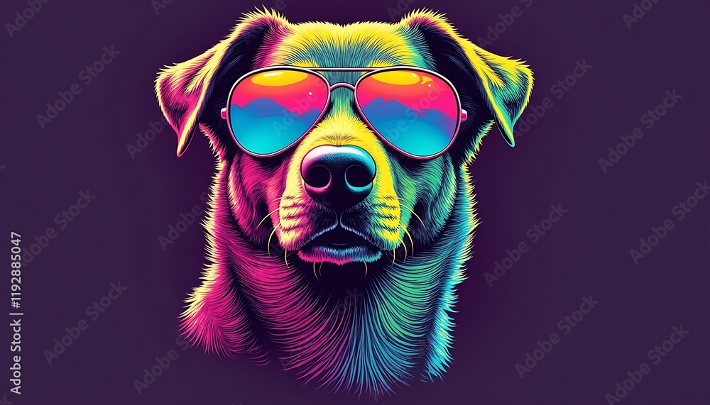Naklejka premium Cool Dog Portrait Vibrant Rainbow Colors Sunglasses