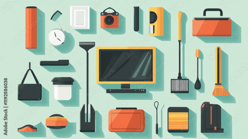 Collection of Colorful Household and Office Tools Displayed on a Light Green Background, Featuring Various Everyday Objects and Accessories for Practical Use Collection of Colorful Household and Office Tools Displayed on a Light Green Background, Featuring Various Everyday Objects and Accessories for Practical Use
