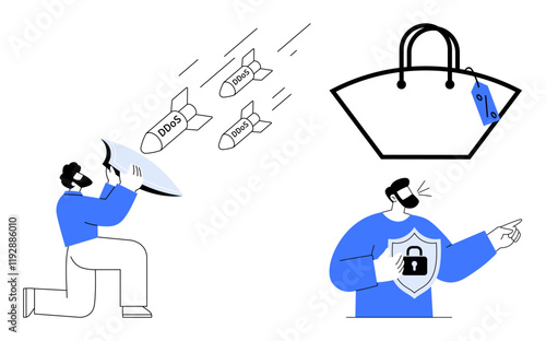Person kneeling with shield defending against DDoS missiles, another with security badge pointing to shopping bag. Ideal for cybersecurity, e-commerce, online safety, data protection, defense