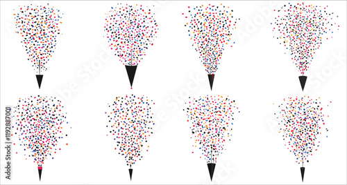 Confetti party popper icon vector. Set of colorful confetti party popper design. Celebration confetti popper icon vector. Festive party popper with confetti vector illustration