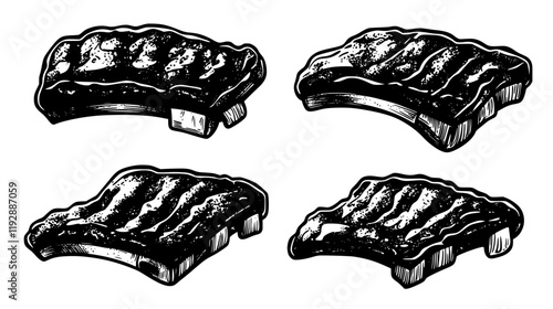 Collection of Grilled pork ribs icons, Grilled pork ribs vectorized seamless pattern