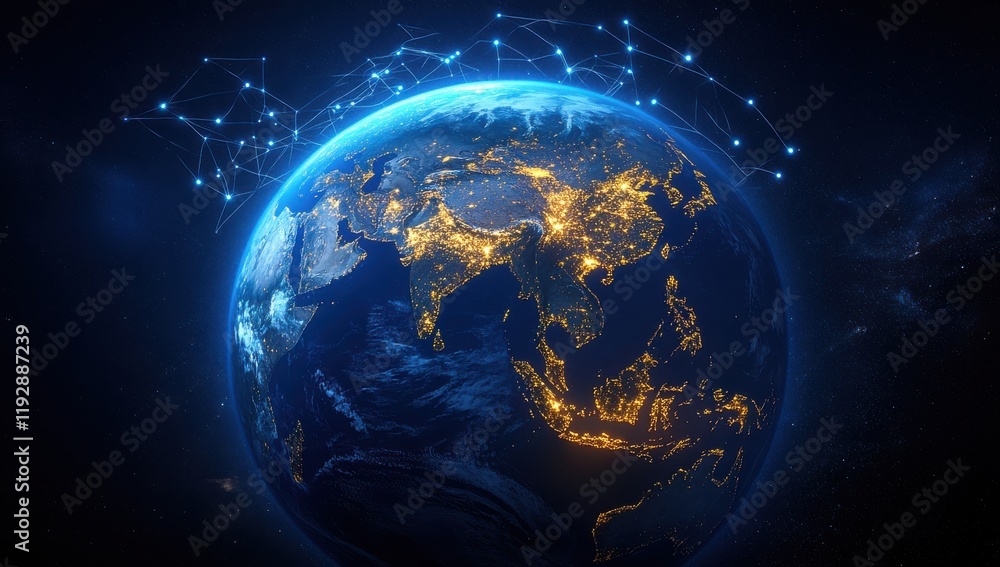 Fototapeta premium Stunning Satellite View of Earth at Night with Illuminated Cities and Global Connectivity in Beautiful Space Background