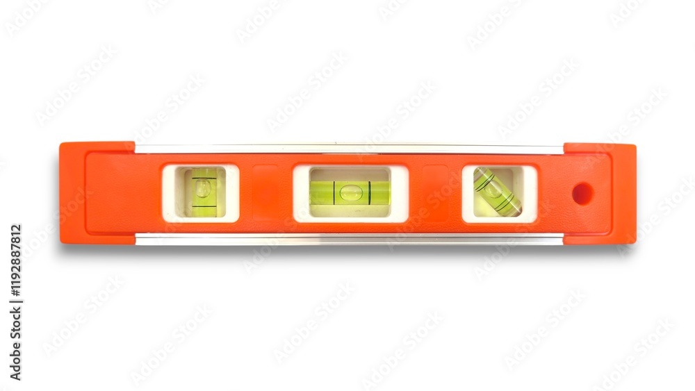 Top view of an orange spirit level with three bubble vials for measuring horizontal, vertical, and 45-degree angles, a precision tool for construction and DIY projects, isolated on white background. Top view of an orange spirit level with three bubble vials for measuring horizontal, vertical, and 45-degree angles, a precision tool for construction and DIY projects, isolated on white background.