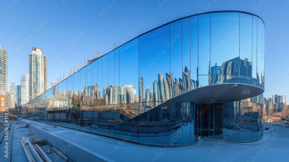 Obraz premium Modern glass building reflecting cityscape under blue sky.
