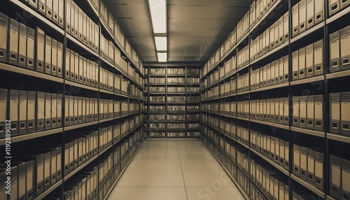 Rows of organized files line the archive storage room