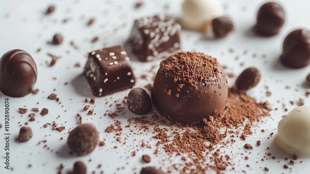 Pieces of chocolates and small shavings on a white surface Pieces of chocolates and small shavings on a white surface