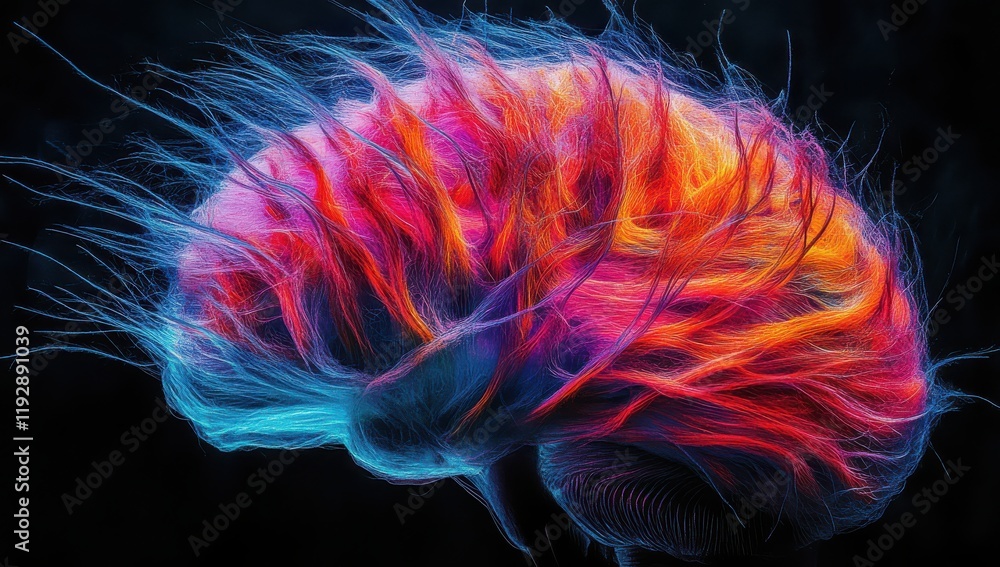 Obraz premium Vibrant Abstract Representation of a Human Brain with Colorful Swirls and Textures Against a Dark Background for Artistic and Scientific Use