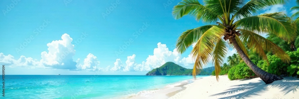 Palm trees sway gently in the ocean breeze on a tropical island, , paradise, tropical Palm trees sway gently in the ocean breeze on a tropical island, , paradise, tropical