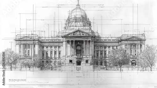 Architectural blueprint drawing of a classical government building with columns, dome, and landscaping.