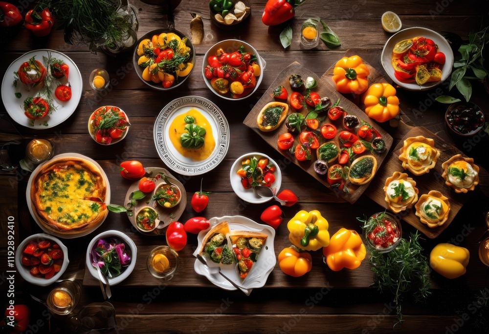Fototapeta premium colorful textured appetizer platter featuring variety vibrant dishes ingredients ideal entertaining gatherings, snack, cheese, vegetable, fruit, dip
