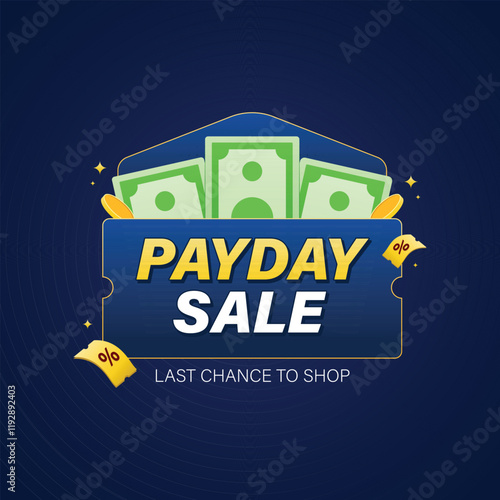 Payday sale promotion banner with coin, money and flying discount voucher illustration. Vector design for promo, marketing, web, marketplace or social media.