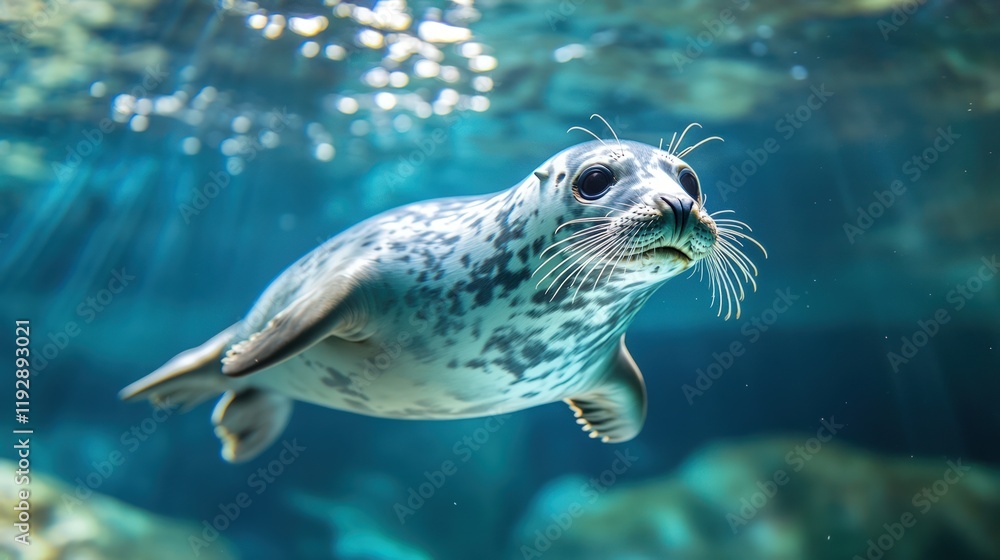 Fototapeta premium An underwater close-up of a young harbor seal swimming gracefully in clear blue water.