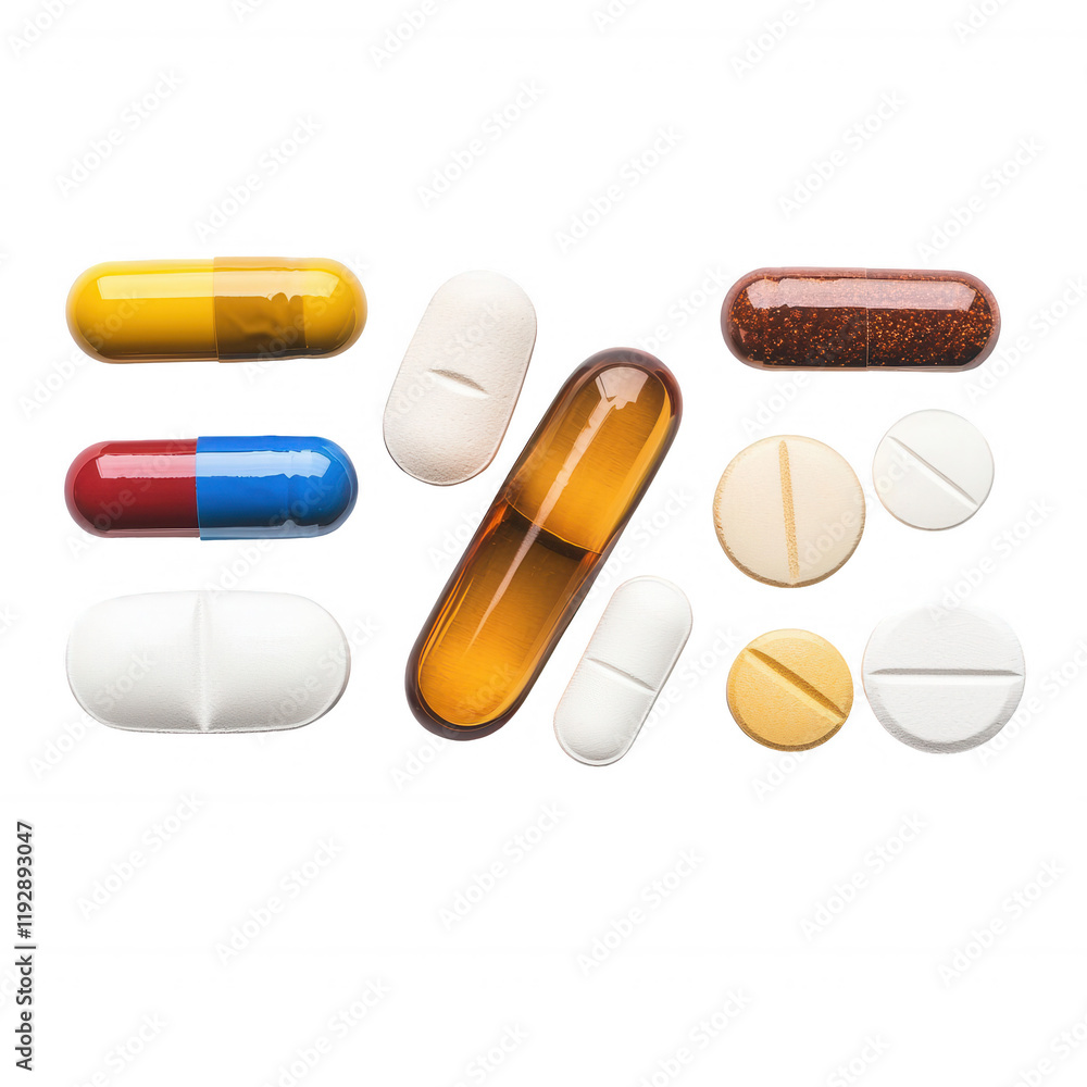 A collection of varied pills and capsules organized neatly on a white background., isolated on a transparent background. A collection of varied pills and capsules organized neatly on a white background., isolated on a transparent background.