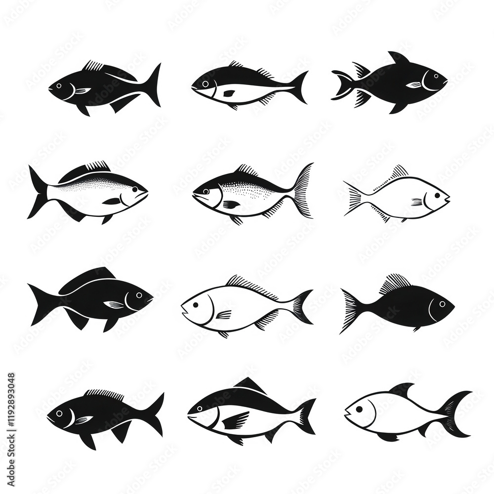 A collection of various fish illustrations arranged in a grid format., isolated on a transparent background. A collection of various fish illustrations arranged in a grid format., isolated on a transparent background.