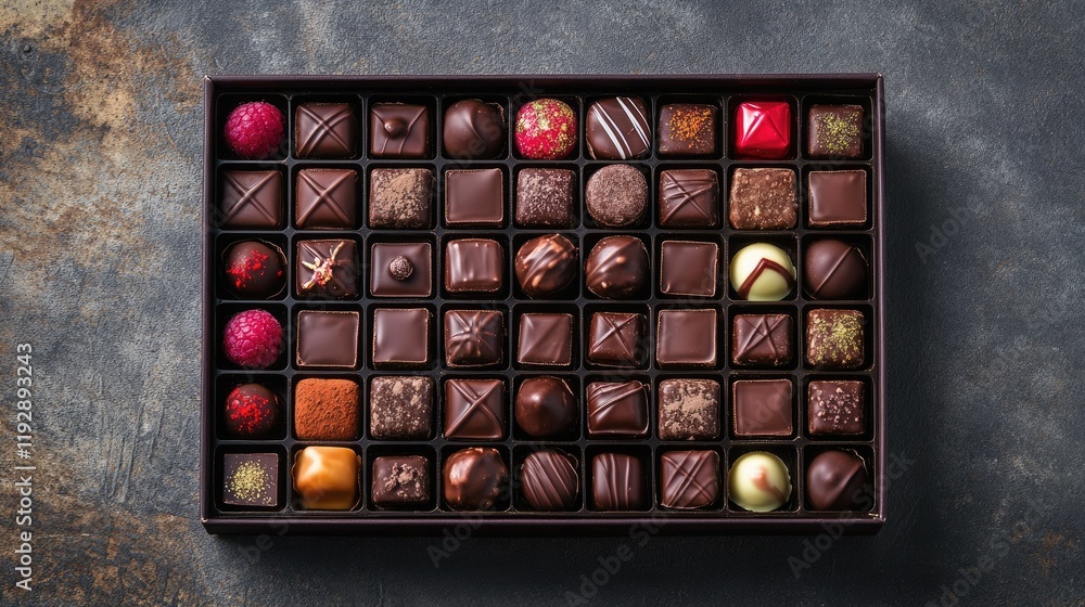 Assorted Handmade Chocolates in Elegant Box Arrangement Showcasing Diverse Flavors and Textures Perfect for Gourmet Gift Giving or Sweet Treats on Celebration Occasions Assorted Handmade Chocolates in Elegant Box Arrangement Showcasing Diverse Flavors and Textures Perfect for Gourmet Gift Giving or Sweet Treats on Celebration Occasions
