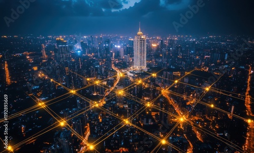 Wallpaper Mural Vibrant Night Cityscape with Network Connections Illuminating Skyscrapers and Urban Streets, Showcasing Modern Technology and Digital Connectivity in a Bustling Metropolis Torontodigital.ca