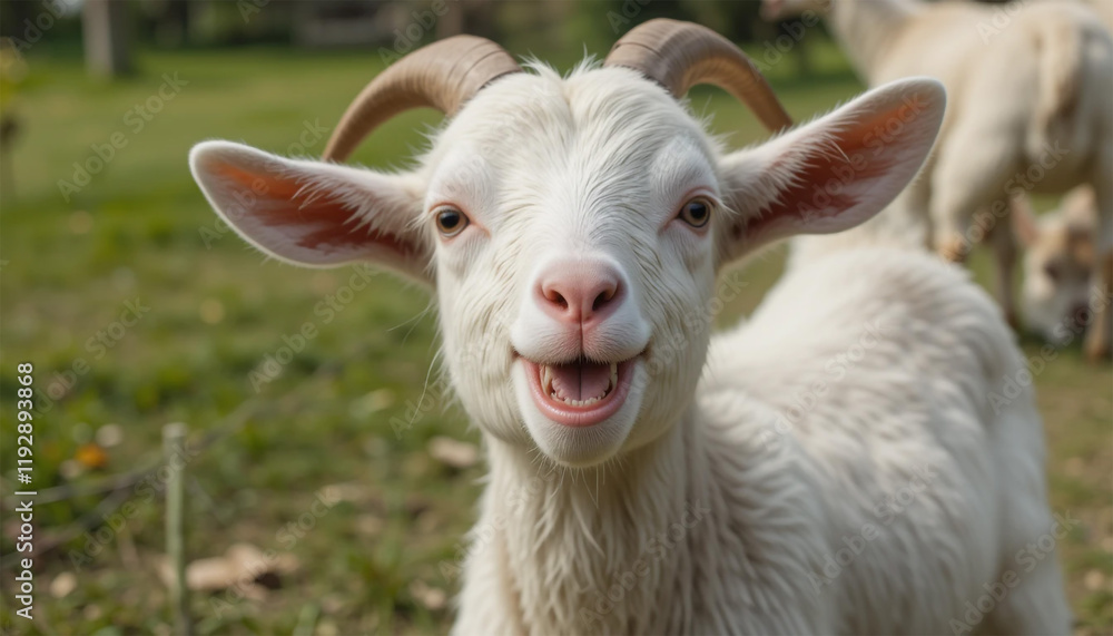 Playful White Goat Smiling in a Green Pasture Playful White Goat Smiling in a Green Pasture