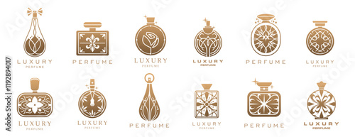 Luxury perfume fragrance icons. Vector golden bottles and glass spray flasks with line pattern of elegant flowers, victorian flourishes and abstract geometric shapes. Luxury perfume store emblems set