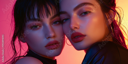 Stilvolles Doppelportrait zweier attraktiver Frauen in inniger Pose. Natürliche Ausstrahlung und harmonische Interaktion in moderner Fotografie photo