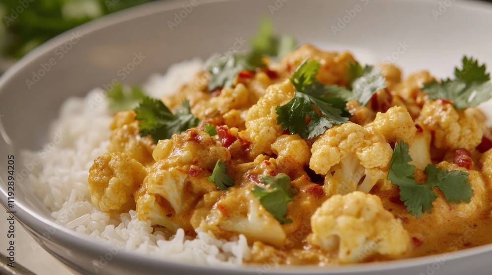 Close-up of rice and cauliflower curry with coconut milk and cilantro in a white bowl, emphasizing creamy and aromatic nature. Ideal for vegetarian meals and exotic flavors. Close-up of rice and cauliflower curry with coconut milk and cilantro in a white bowl, emphasizing creamy and aromatic nature. Ideal for vegetarian meals and exotic flavors.