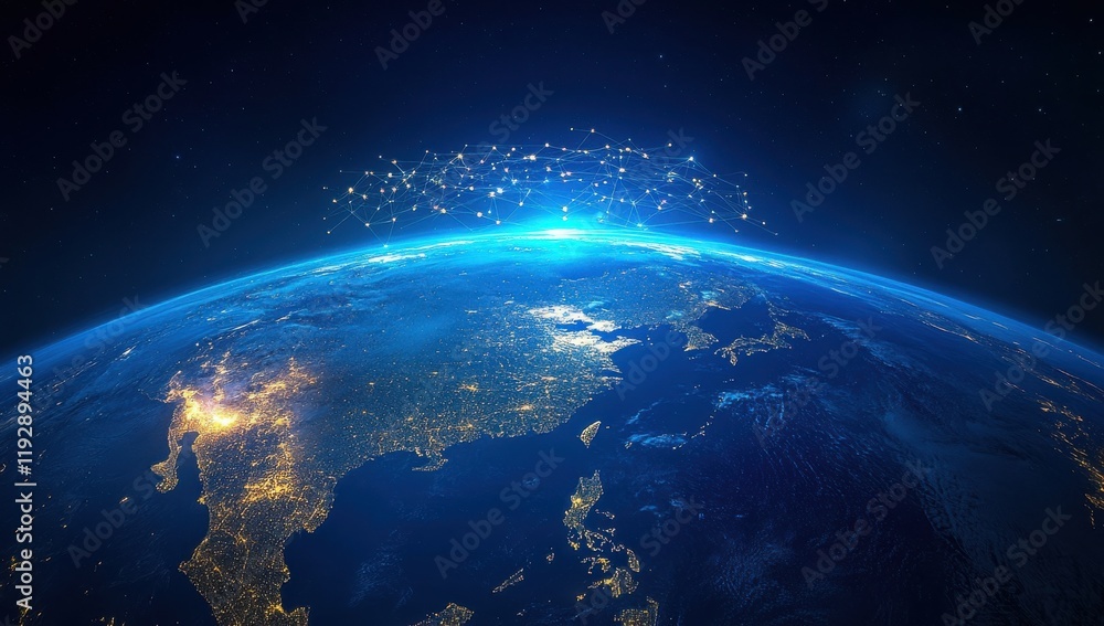 Fototapeta premium Vibrant View of Earth at Night Showcasing City Lights and Connectivity Above the Globe with Stars and Brightness in a Dark Space Environment
