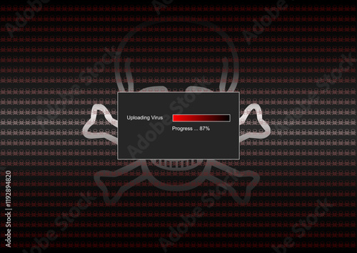 Black computer monitor screen with window saying uploading virus progress 87 per cent completed. Illustration made January 13th, 2025, Zurich, Switzerland.