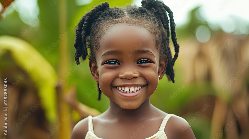 Joyful Young Girl Smiling Brightly with Braided Hair in a Lush Outdoor Setting Surrounded by Greenery and Natural Beauty Joyful Young Girl Smiling Brightly with Braided Hair in a Lush Outdoor Setting Surrounded by Greenery and Natural Beauty