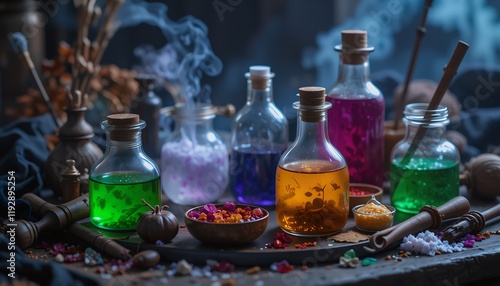 A collection of mystical tools and ingredients for crafting magical potions, perfect for witches preparing their concoctions on Halloween night.