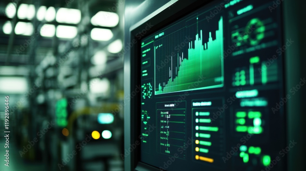 Futuristic control panel showing performance indicators and production statistics, enhancing efficiency and automation in a modern industrial environment Futuristic control panel showing performance indicators and production statistics, enhancing efficiency and automation in a modern industrial environment