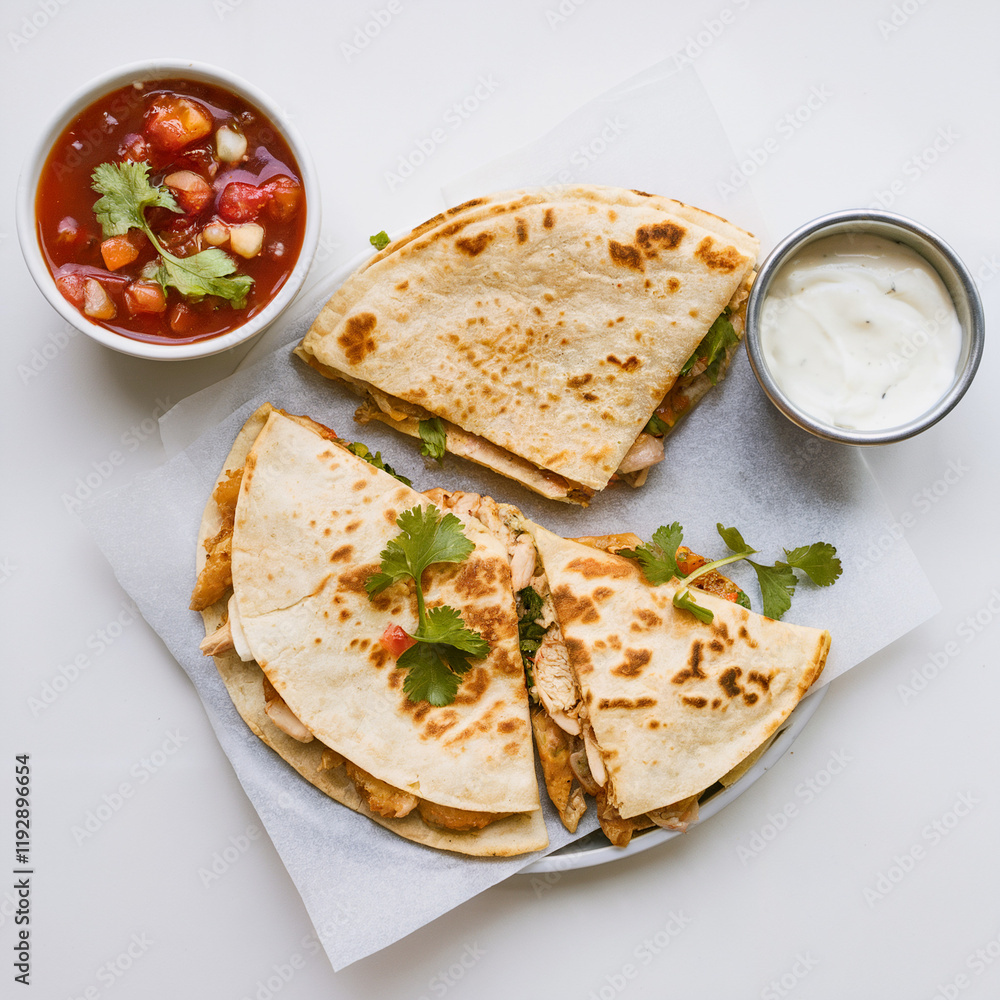 Top View Of Chicken and Cheese Quesadilla, with Salsa And Sour Cream, Tasty and Healthy Meal, Mexican Food and Cuisine Concept Top View Of Chicken and Cheese Quesadilla, with Salsa And Sour Cream, Tasty and Healthy Meal, Mexican Food and Cuisine Concept