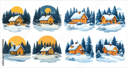 Cozy winter cabin in snowy forest scene vector art. Rustic wooden house in winter landscape and pine trees. Cozy cabin in snowfall vector illustration