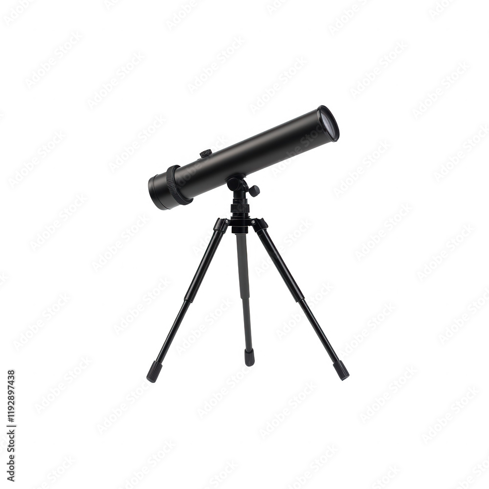 A sleek black telescope on a tripod, perfect for stargazing and astronomical observations., isolated on a transparent background. A sleek black telescope on a tripod, perfect for stargazing and astronomical observations., isolated on a transparent background.