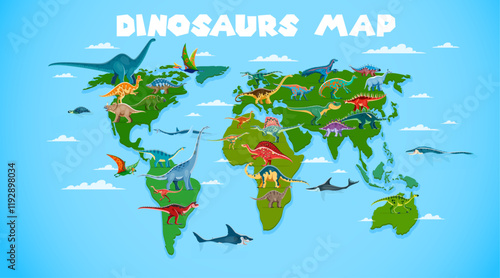 World map with prehistoric dinosaur animals and reptiles. Vector dinos of Africa, Asia, Europe, Australia and America continents. Cartoon ankylosaurus, iguanodon and allosaurus dinosaurs world map