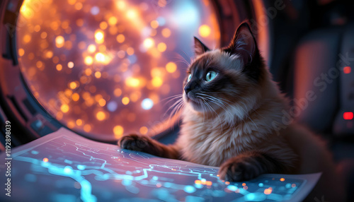 A Curious Cat Observing a Cosmic Scene Through a Window in a Futuristic Spacecraft