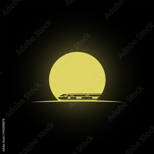 A silhouette of a high-speed train with a yellow moon in the background