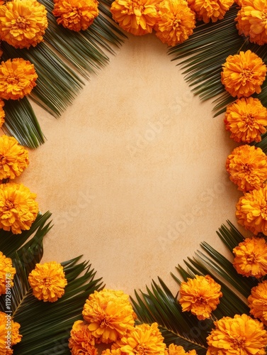 Onam intagram post background with onam ornaments pookolam and marigold garland with empty beige blank space in the middle  photo