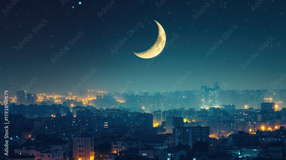 Naklejka premium Serene Nighttime Urban Landscape with Crescent Moon Illuminating City Skyline and Stars in the Dark Sky, Capturing the Beauty of City Lights and Tranquility