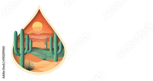 clean 2D vector of a desert scene with cacti, encased in a teardrop-shaped frame for a unique look _ Vector eps 10