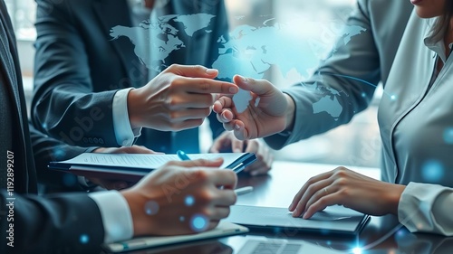 An abstract image of a holographic globe hovering over a pair of hands writing in a notebook, symbolizing success and international business, taking notes, teamwork, hands photo