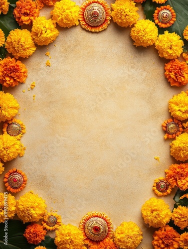 Onam intagram post background with onam ornaments pookolam and marigold garland with empty beige blank space in the middle  photo