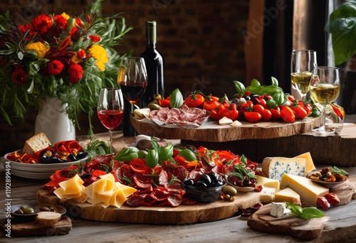 vibrant antipasto display featuring colorful ingredients arrangements culinary branding marketing purposes, vegetables, cheese, olives, peppers, herbs photo