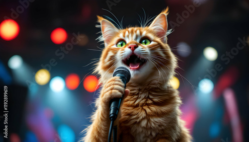 Captivating Performance: A Vibrant Ginger Cat Singing on Stage with Dazzling Lights