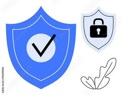 Dual shields, one with a check mark and another with a lock over light blue background. Ideal for cybersecurity, data protection, privacy, safety, authentication, verification, online security