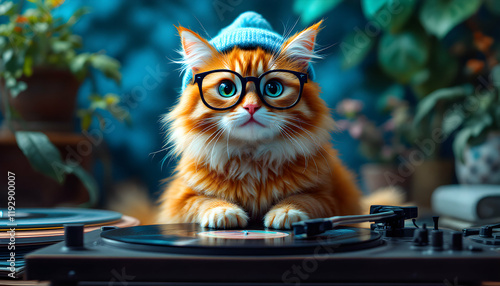 A Stylish Cat Mixing Beats: An Adorable Feline DJ with Glasses and a Beanie in a Cozy Environment