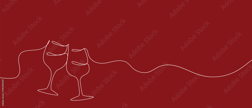 One continuous line of hand-drawn glasses of wine cheering isolated on a red background.