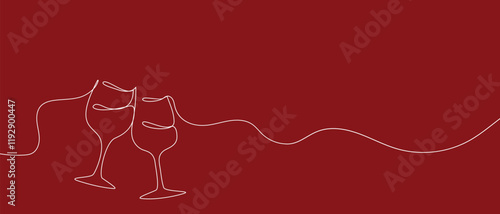Obraz na płótnie One continuous line of hand-drawn glasses of wine cheering isolated on a red background. w salonie